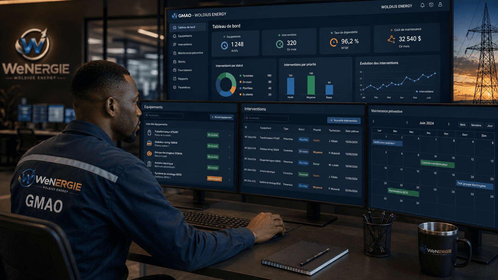WOLDIUS ENERGY technician monitoring a CMMS platform for equipment, interventions, maintenance and energy infrastructure