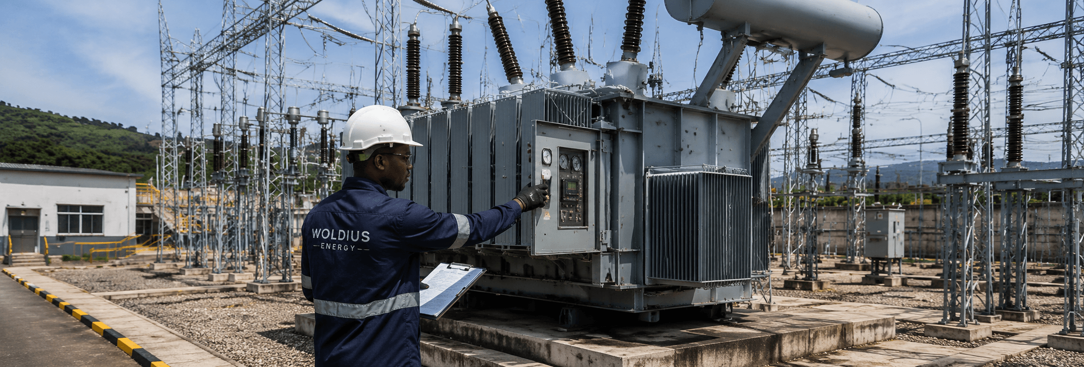 Technicien WOLDIUS ENERGY en inspection d'un transformateur haute tension
