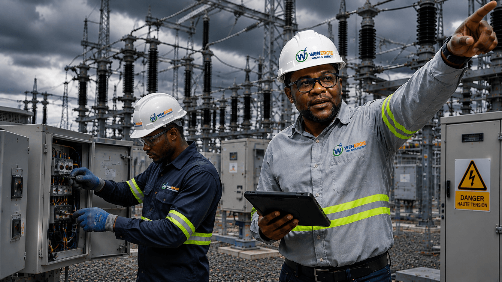 Équipe WOLDIUS ENERGY intervenant sur une infrastructure électrique HT / MT / BT