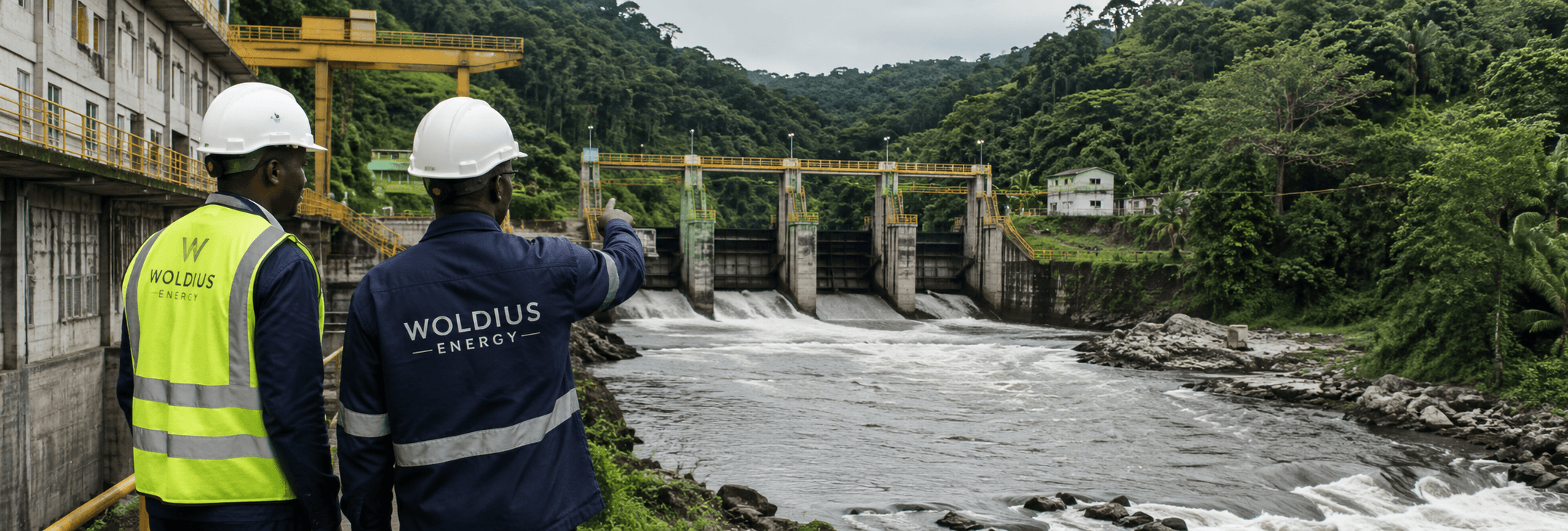 Équipe WOLDIUS ENERGY sur une infrastructure hydroélectrique