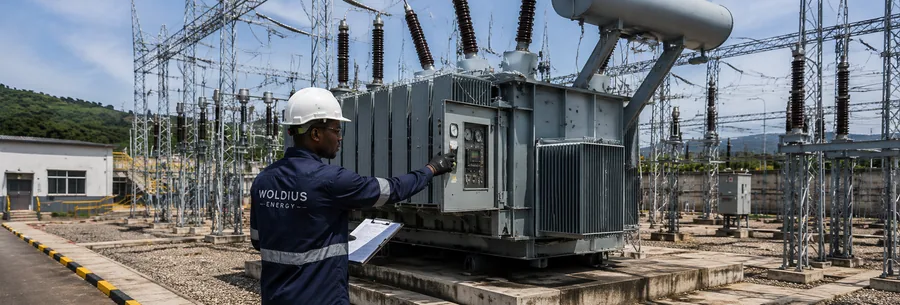 Technicien WOLDIUS ENERGY en inspection d'un transformateur haute tension